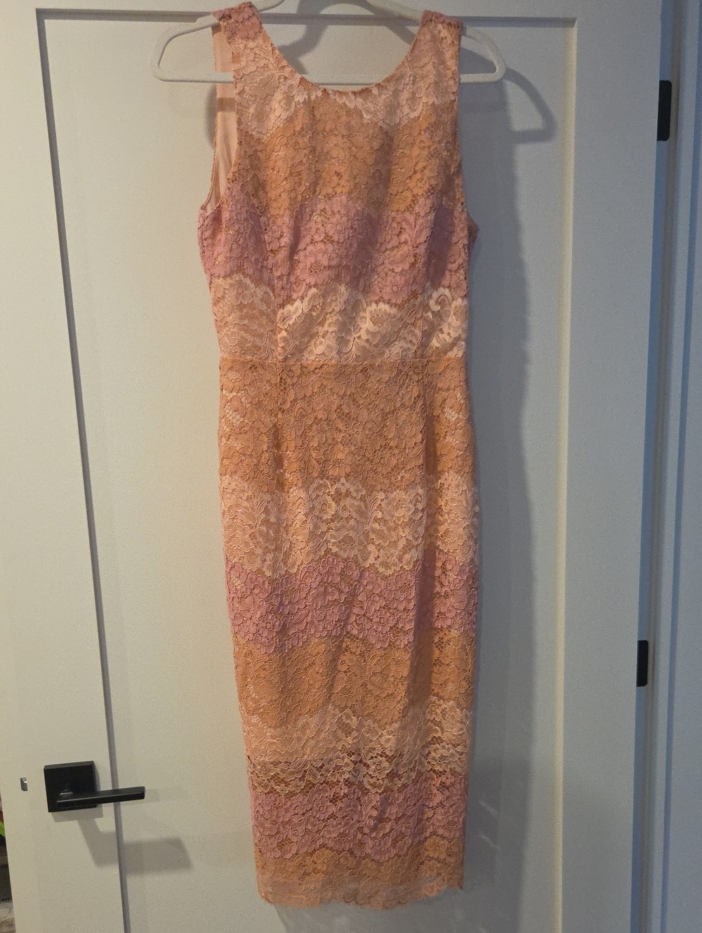 Sleeveless Lace Sheath Dress in Pink and Peach Stripes